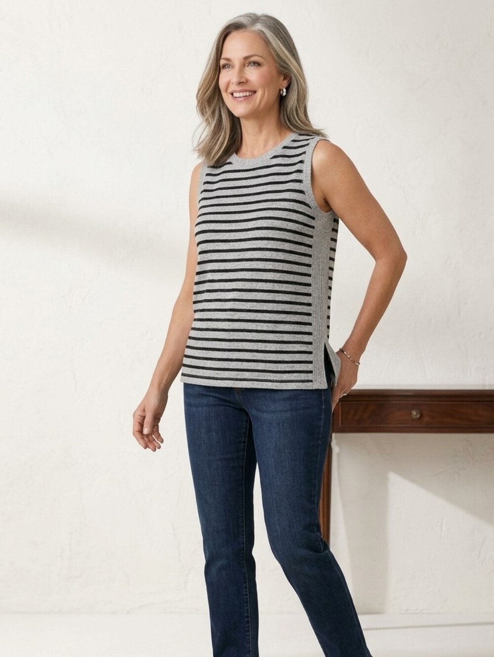Chico's Gray and Black Striped Knit Sleeveless Top